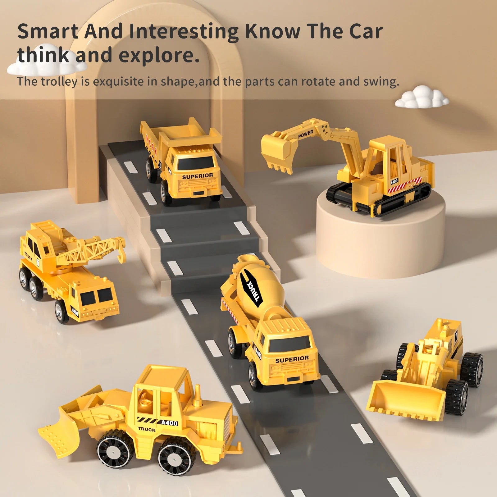 Storage Transport Plane Cargo with 5 Free Wheel Diecast Construction Vehicles, Kids Toy with Lights & Sounds for 3+ Years Old Boys and Girls Gift