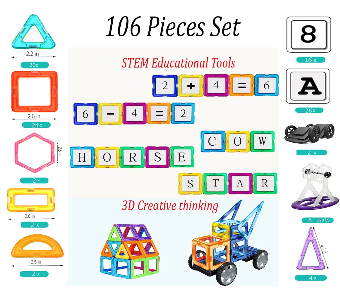106 PCS Magnetic Tiles Set, STEM Building Block Preschool Educational Construction Kit,3D Magnetic Toys (106 Pieces) Age: 3 and Above