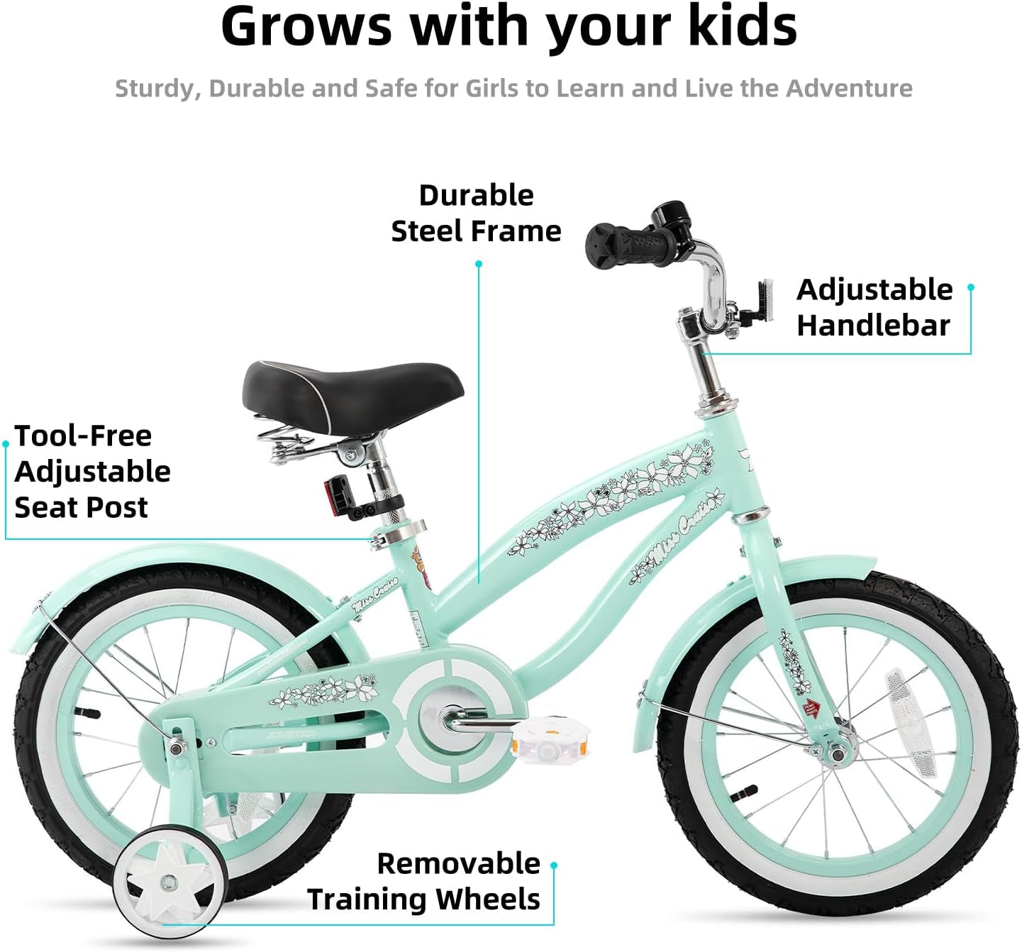 12 14 16 Inch Kids Cruiser Bike for Ages 2-7 Years Old Girls & Boys, Children'S Bicycle with Training Wheels, Coaster Brake, Fenders & Adjustable Seat