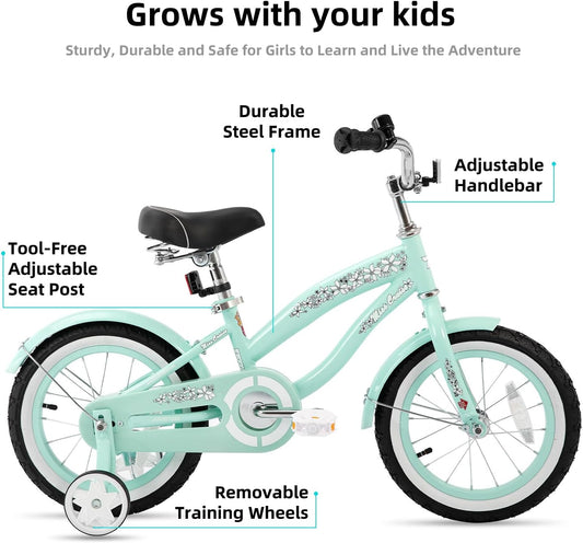 12 14 16 Inch Kids Cruiser Bike for Ages 2-7 Years Old Girls & Boys, Children'S Bicycle with Training Wheels, Coaster Brake, Fenders & Adjustable Seat