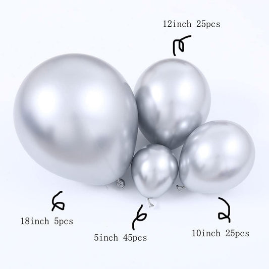 100Pcs Metallic Silver Latex Balloons Various Sizes Chrome Balloon 18/12/10/5 Inch Helium Balloon Perfect for Birthday Valentines Baby Shower Bridal Shower Wedding Anniversary Balloons