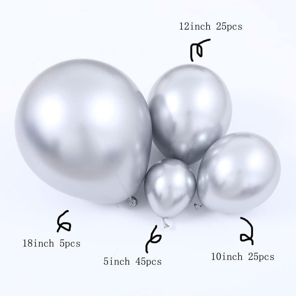 100Pcs Metallic Silver Latex Balloons Various Sizes Chrome Balloon 18/12/10/5 Inch Helium Balloon Perfect for Birthday Valentines Baby Shower Bridal Shower Wedding Anniversary Balloons