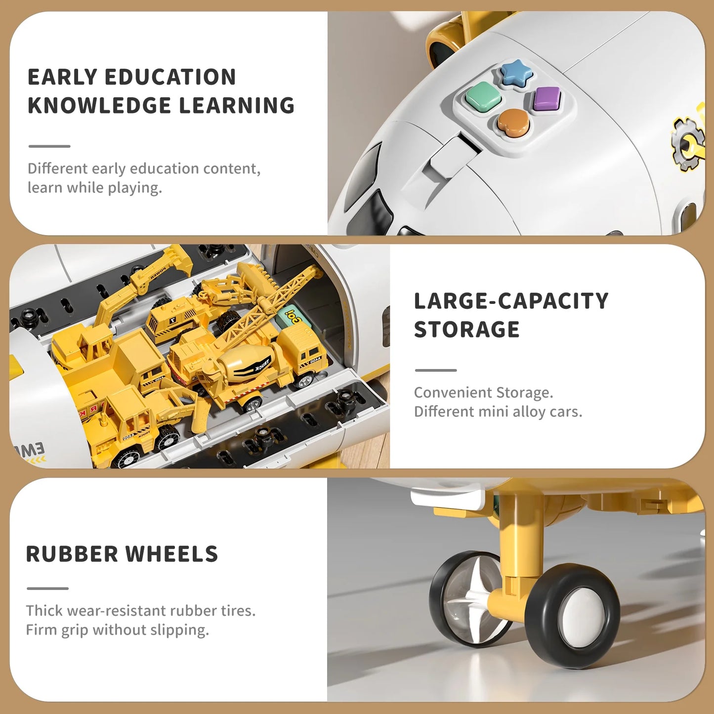 Storage Transport Plane Cargo with 5 Free Wheel Diecast Construction Vehicles, Kids Toy with Lights & Sounds for 3+ Years Old Boys and Girls Gift