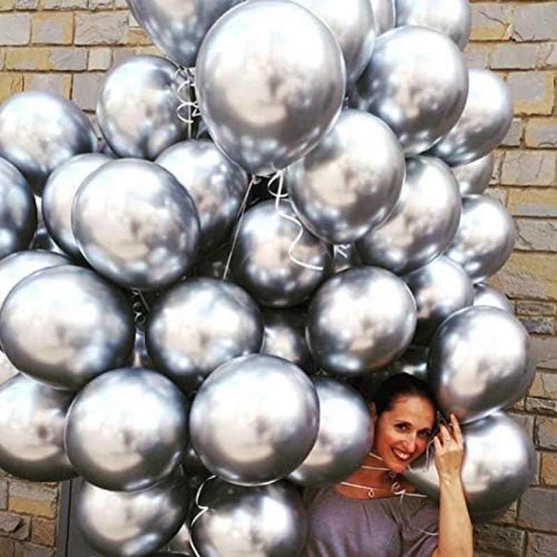 100Pcs Metallic Silver Latex Balloons Various Sizes Chrome Balloon 18/12/10/5 Inch Helium Balloon Perfect for Birthday Valentines Baby Shower Bridal Shower Wedding Anniversary Balloons