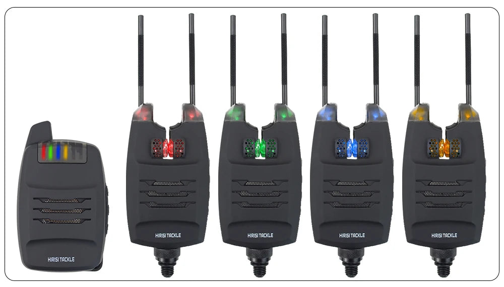 Hirisi 1+4 Carp Fishing Alarm Set Sounds and LED Alarming Wireless Fishing Bite Indicator Electronic with Snag Ear Bar B1228