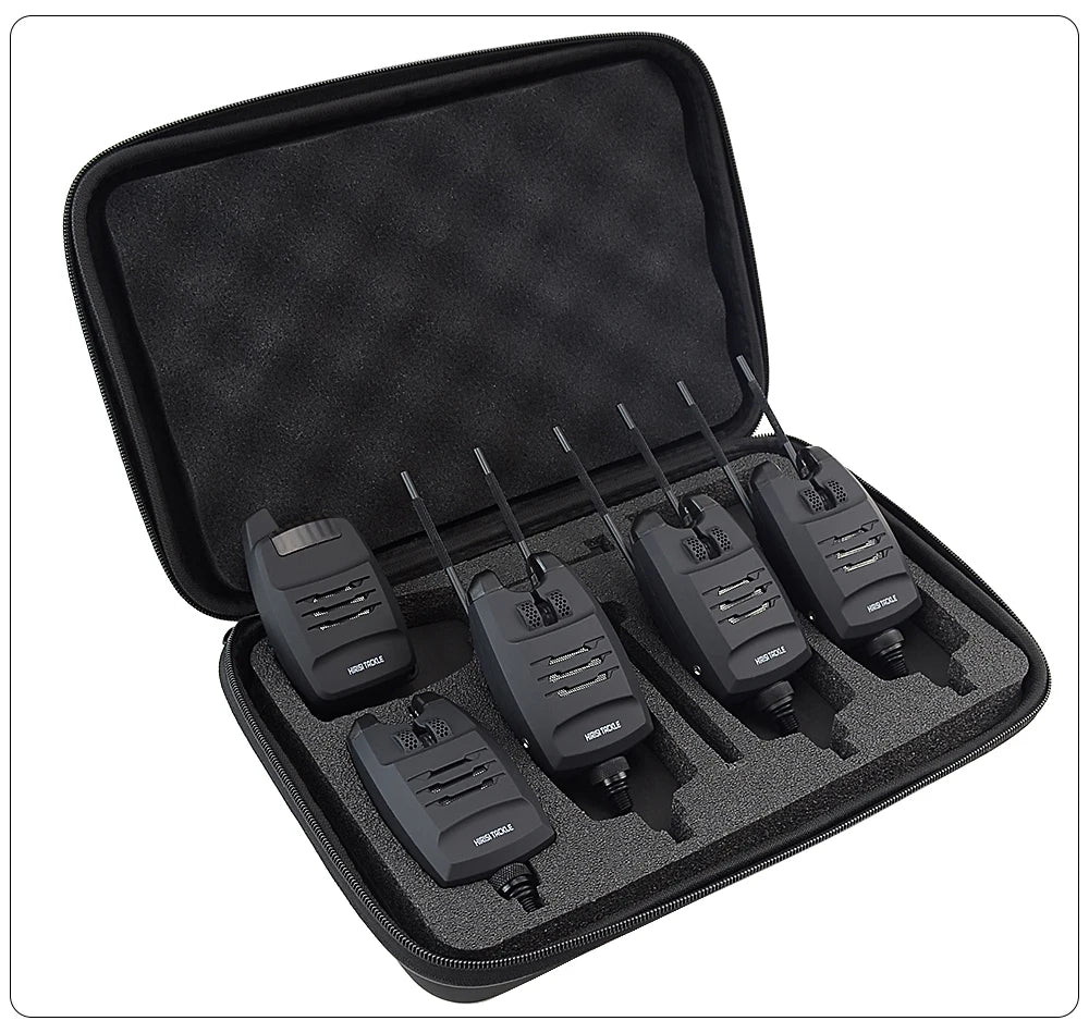 Hirisi 1+4 Carp Fishing Alarm Set Sounds and LED Alarming Wireless Fishing Bite Indicator Electronic with Snag Ear Bar B1228