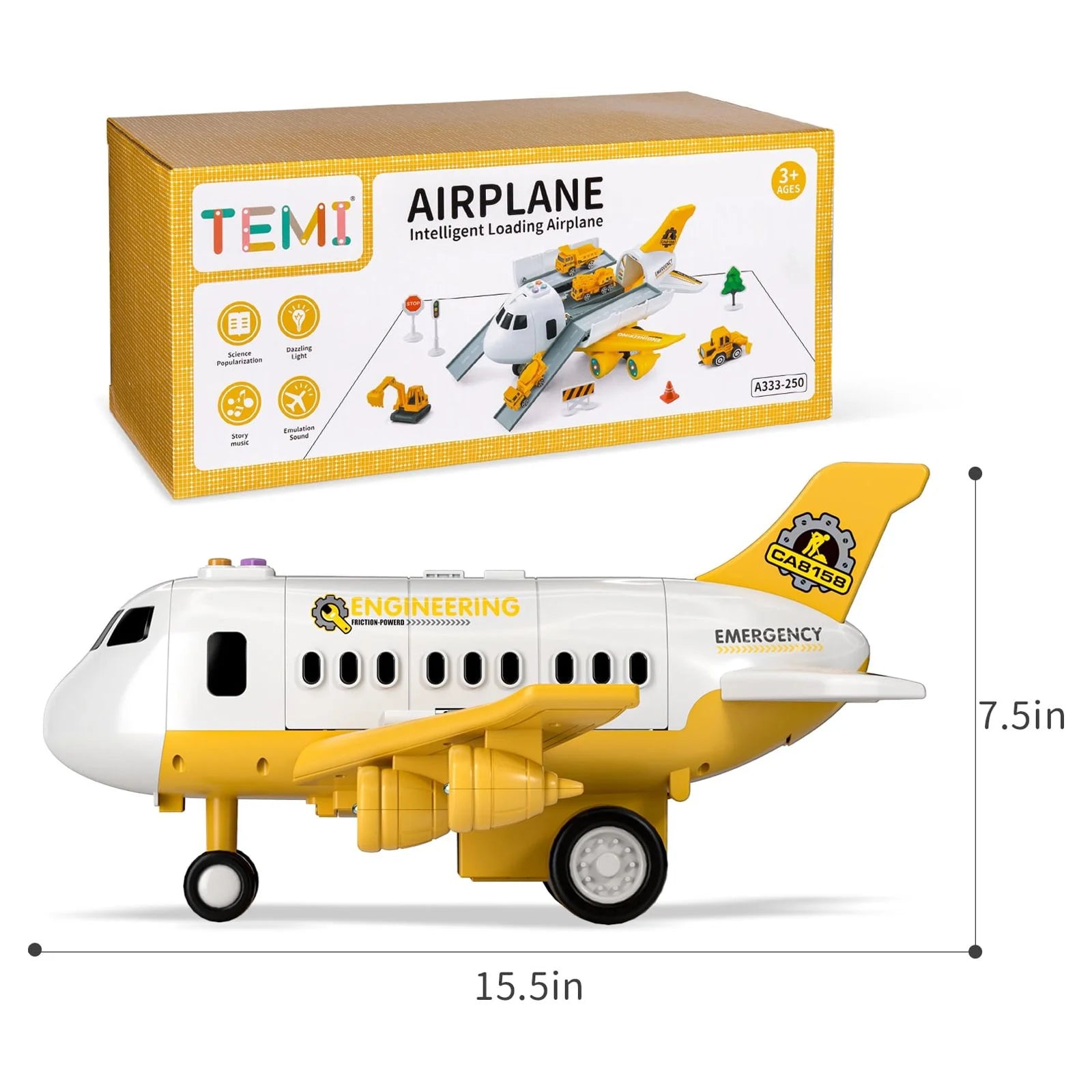 Storage Transport Plane Cargo with 5 Free Wheel Diecast Construction Vehicles, Kids Toy with Lights & Sounds for 3+ Years Old Boys and Girls Gift