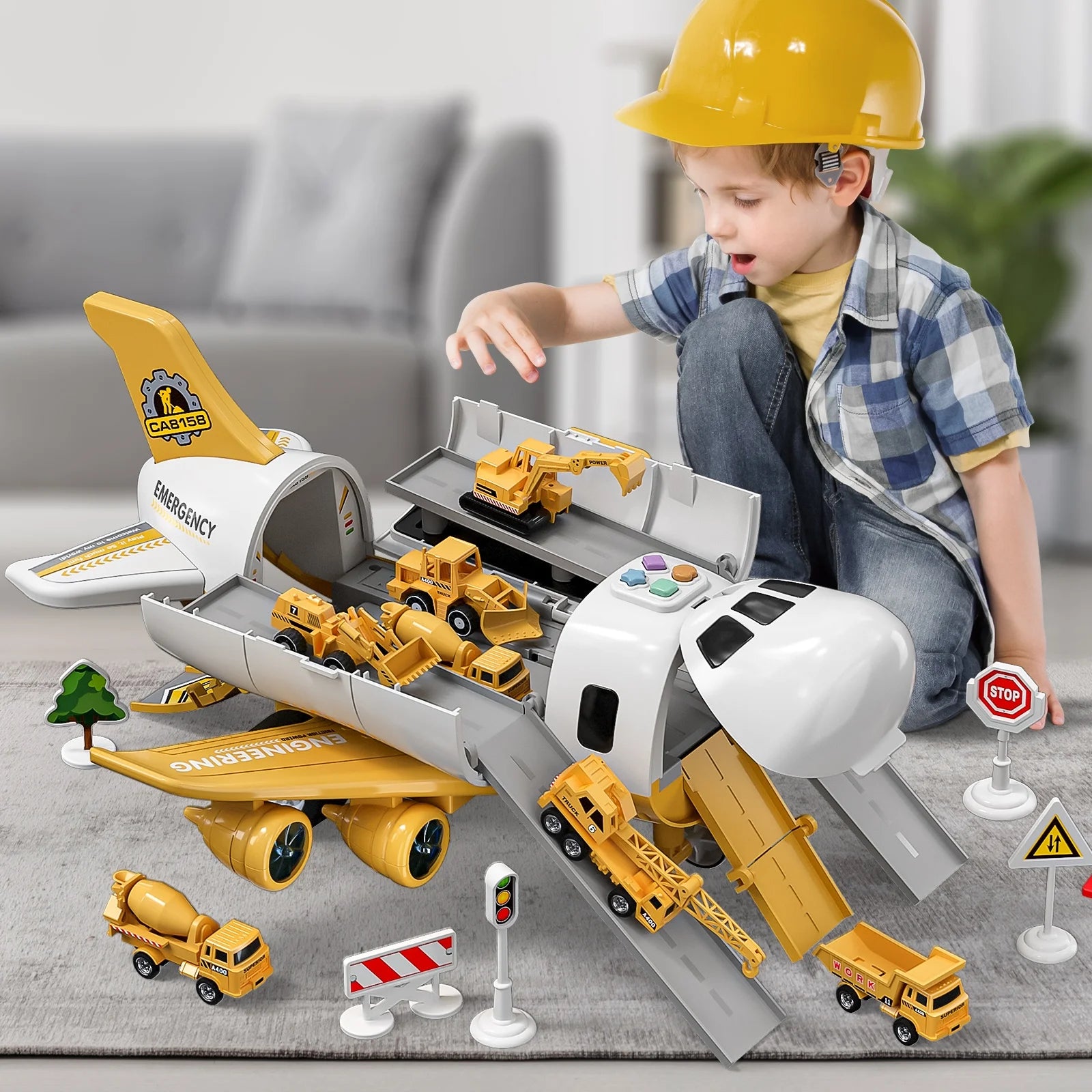 Storage Transport Plane Cargo with 5 Free Wheel Diecast Construction Vehicles, Kids Toy with Lights & Sounds for 3+ Years Old Boys and Girls Gift
